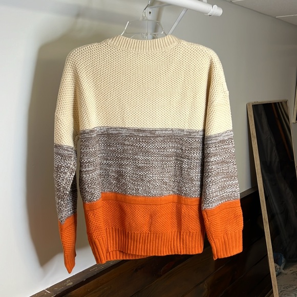 Amazon Knit Crewneck Sweater Cream, Brown & Pumpkin Orange Striped- M - Picture 2 of 4